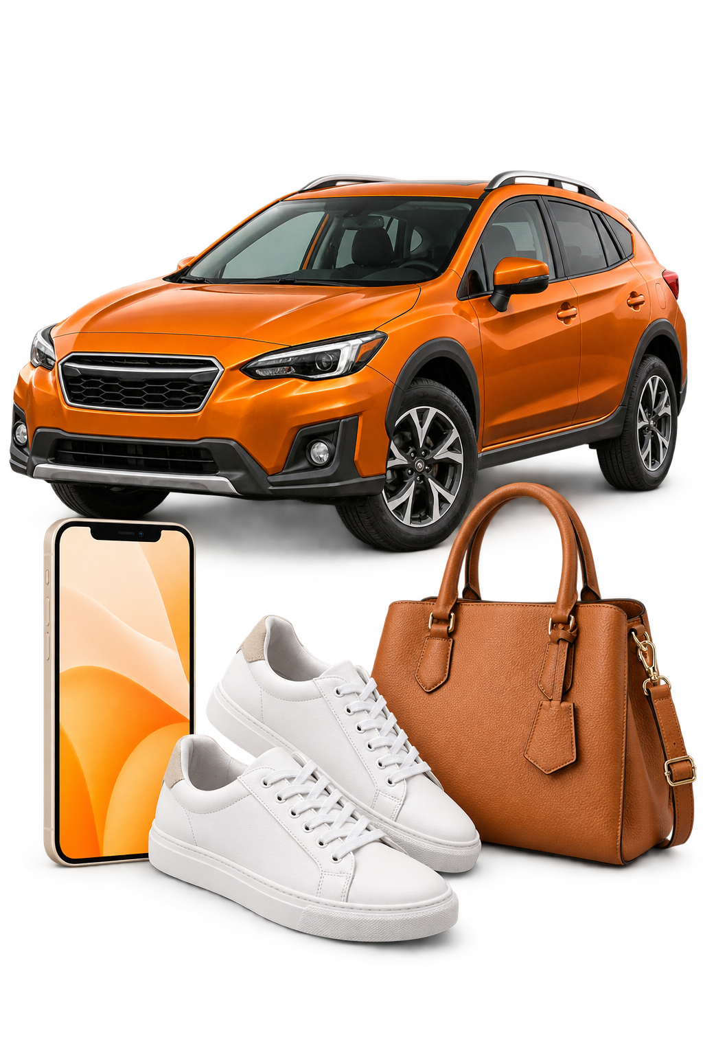 An orange car, smartphone, white sneakers and leather handbag available on PRIKET